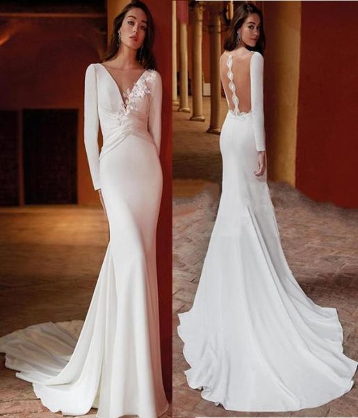 simple mermaid wedding dresses deep v neck long sleeve satin bridal gowns illusion back floor length floral applique bride dress v7572462, White